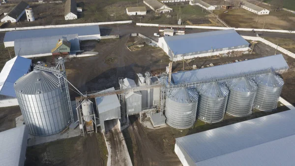 Round silvery tanks of silos, at the agro-industrial complex, for processing, drying, and storage of the grain crop. Drone view.