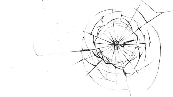 白色背景上的圆形玻璃裂缝 子弹射中玻璃表面的洞 — 图库照片
