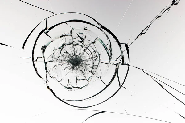 Cracks Glass White Background Hole Glass Surface Bullet — Stock Photo, Image