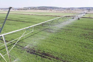 Tarım alanında geniş otomatik sulama sistemi var. Drone görünümü.