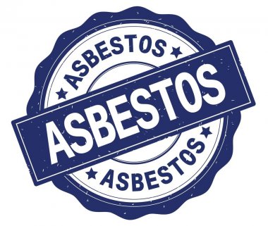 Mavi yuvarlak rozet yazılmış asbest metni.