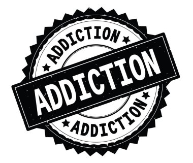 Bağımlılığı siyah metin damgası, zig zag kenarlıklı yuvarlak.