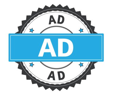 Reklam metni gri ve mavi yuvarlak damga, zig zag kenarlıklı.