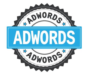 AdWords metin gri ve mavi yuvarlak damga, zig zag kenarlıklı.