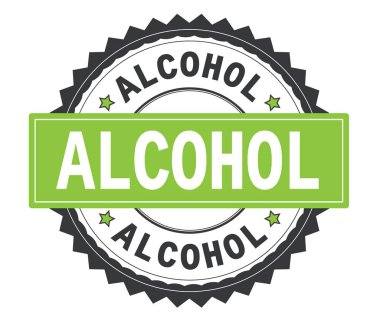 Alkol gri ve yeşil yuvarlak damga, zig zag kenarlıklı metin.