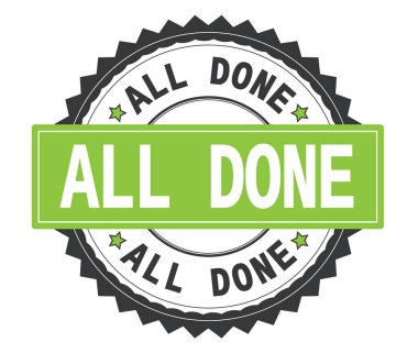 Gri ve yeşil yuvarlak damga, zig zag sınır ile tüm yapılan metin