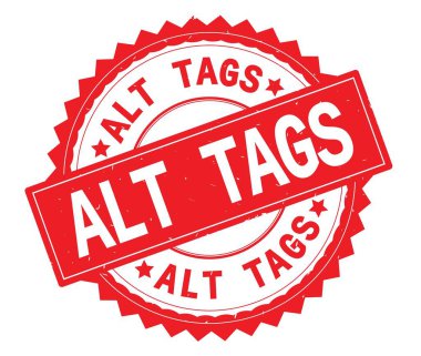 Alt Etiketler kırmızı metin damgası, zig zag kenarlıklı yuvarlak.