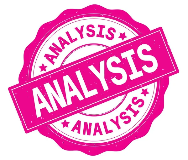 ピンクの丸いバッジに書かれた分析テキスト. — ストック写真