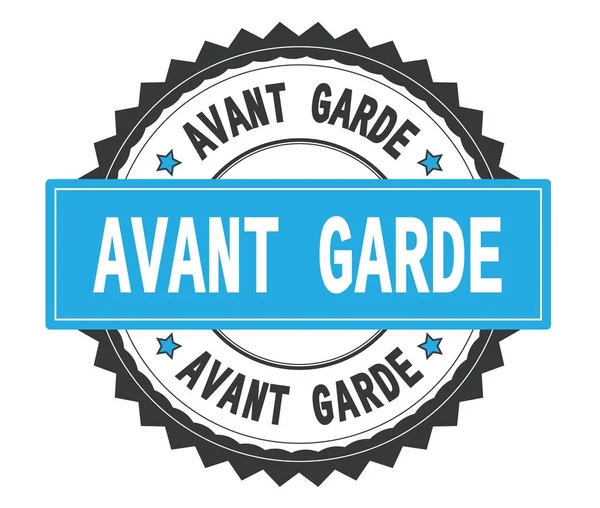 Az Avant Garde szöveg a szürke és a cián kerek bélyegző, a zig zag bord — Stock Fotó