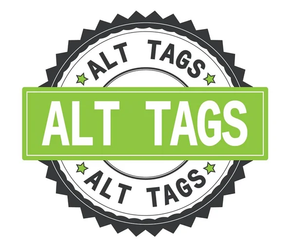 ALT TAGS texto sobre sello redondo gris y verde, con borde en zig zag —  Fotos de Stock