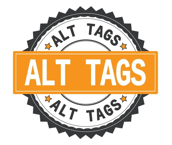 ALT TAGS texto sobre sello redondo gris y naranja, con zig zag borde —  Fotos de Stock