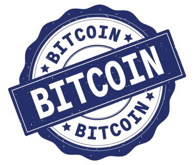 Bitcoin metin, mavi yuvarlak rozet yazılmış.