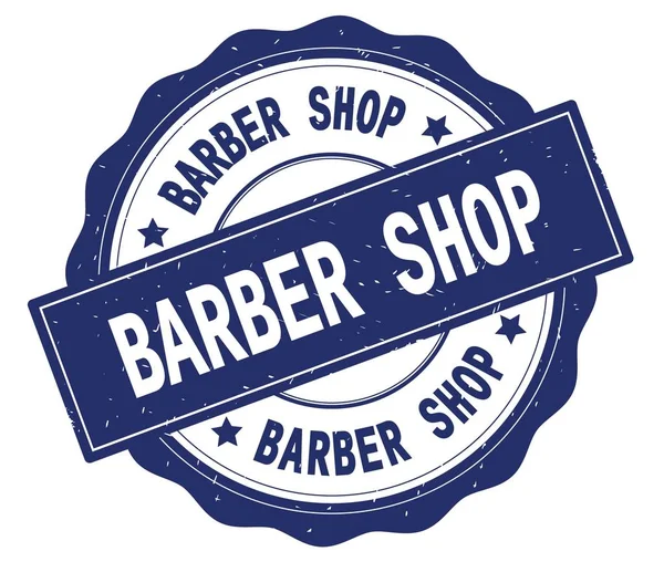 BARBER SHOP testo, scritto su badge rotondo blu . — Foto Stock