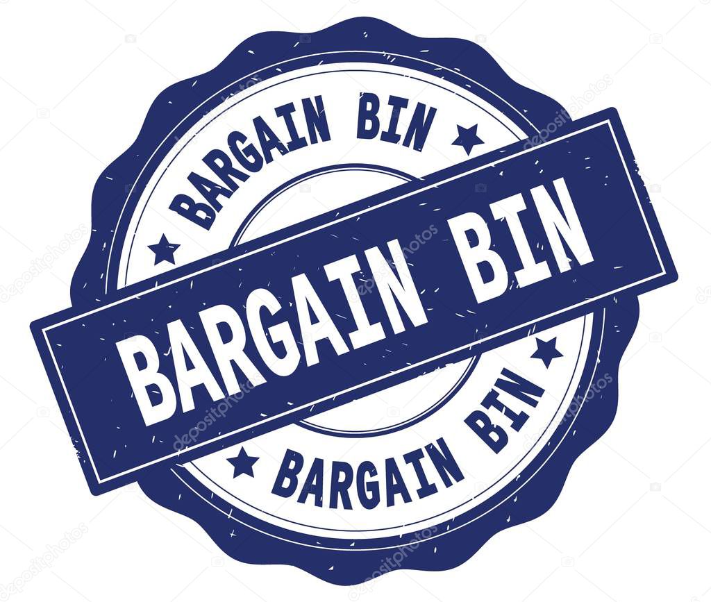 BARGAIN BIN text, written on blue round badge.