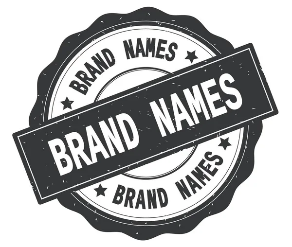 Nomi di marca testo, scritto sul distintivo rotondo grigio . — Foto Stock