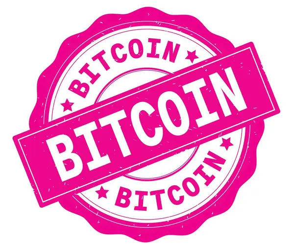 Bitcoin metin, pembe yuvarlak rozet yazılmış. — Stok fotoğraf