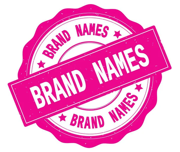 Text der Markennamen, geschrieben auf rosa rundem Abzeichen. — Stockfoto