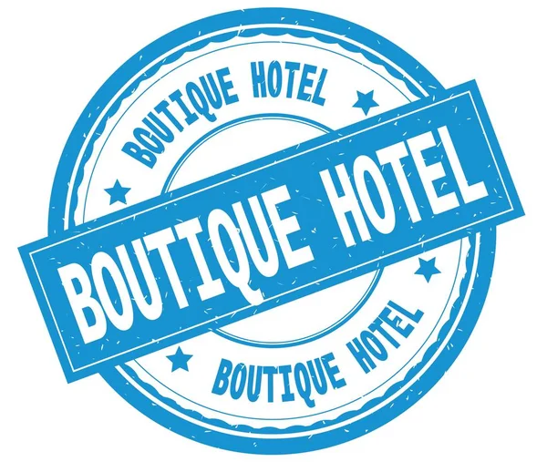 BOUTIQUE HOTEL, texto escrito em ciano carimbo de borracha redonda . — Fotografia de Stock