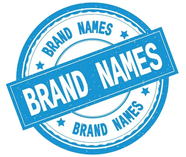 BRAND NAMES , written text on cyan round rubber stamp. — Stock Photo, Image