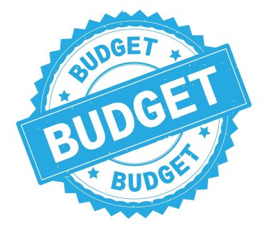 Bütçe mavi metin damgası, zig zag kenarlıklı yuvarlak.