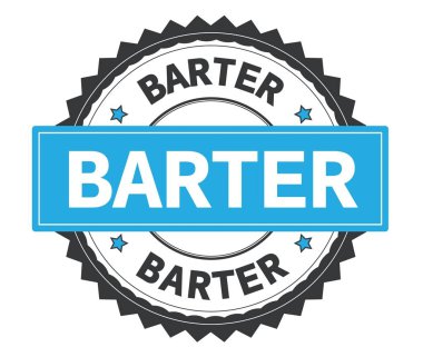 Gri ve mavi yuvarlak damga, zig zag kenarlıklı metin takas.