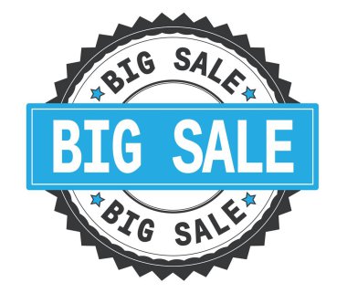 Büyük satış metin gri ve mavi yuvarlak damga, zig zag kenarlıklı.