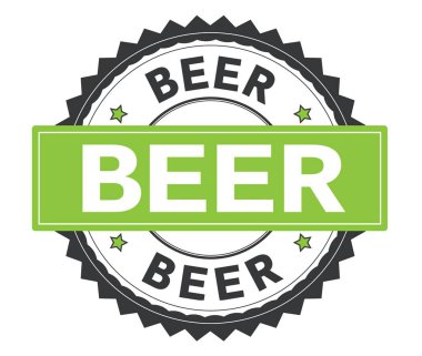 Bira gri ve yeşil yuvarlak damga, zig zag kenarlıklı metin.