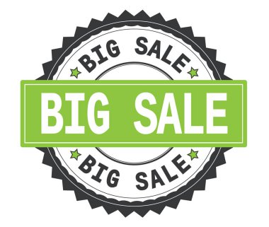 Büyük satış metin gri ve yeşil yuvarlak damga, zig zag kenarlıklı