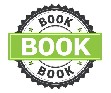Gri ve yeşil yuvarlak damga, zig zag kenarlıklı metin kitap.