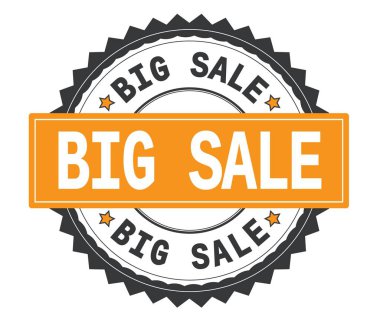 Büyük satış metin gri ve turuncu yuvarlak damga, zig zag borde ile