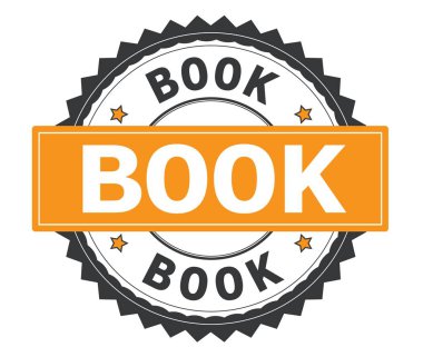 Gri ve turuncu yuvarlak damga, zig zag kenarlıklı metin kitap.
