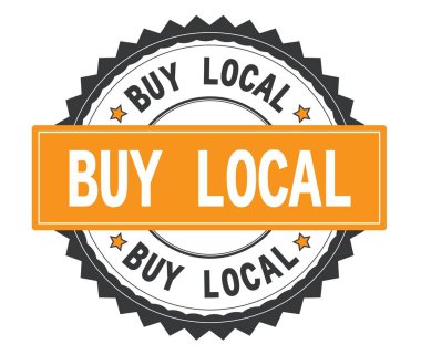 Zig zag bord ile gri ve turuncu yuvarlak damga üzerinde yerel metin satın