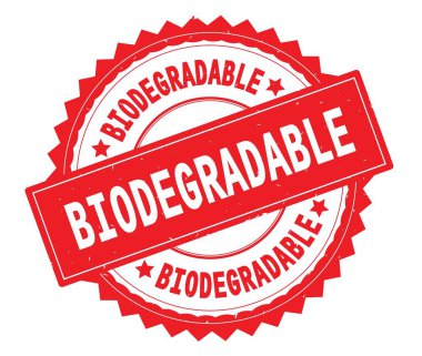 Biyolojik olarak parçalanabilen kırmızı metin damgası, zig zag kenarlıklı yuvarlak.