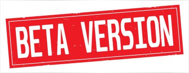 Tam kırmızı dikdörtgen damga üzerinde beta sürümü metin.