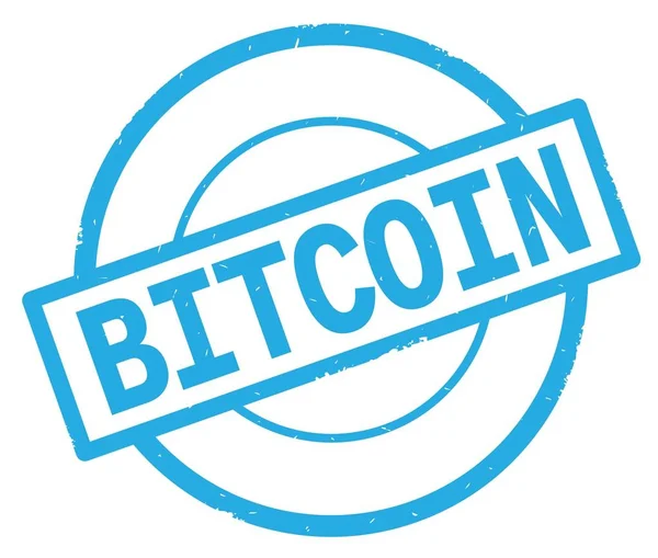Bitcoin text, napsaný na známce azurová jednoduchý kruh. — Stock fotografie