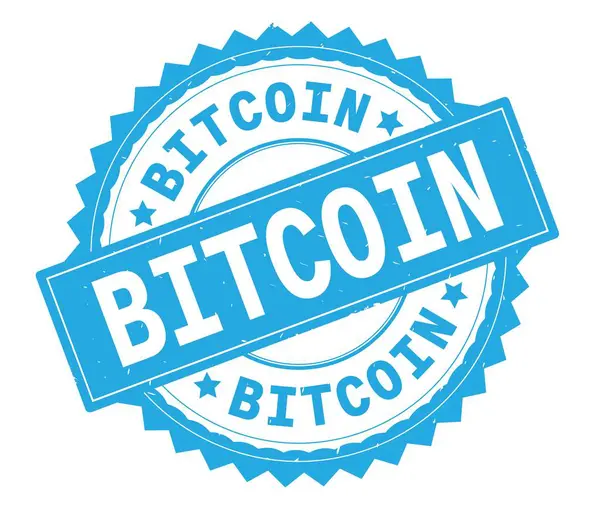 Bitcoin azul texto ronda sello, con borde en zig zag . — Foto de Stock