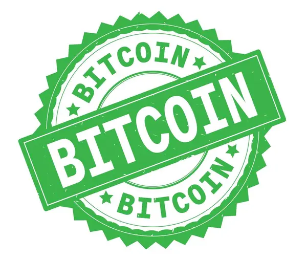 Bitcoin verde texto ronda sello, con borde en zig zag . — Foto de Stock