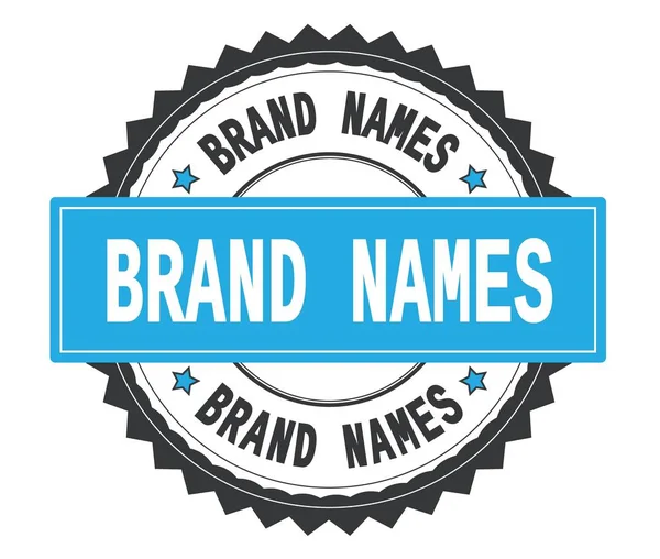 BRAND NAMES text on grey and cyan round stamp, with zig zag bord — Stock Photo, Image