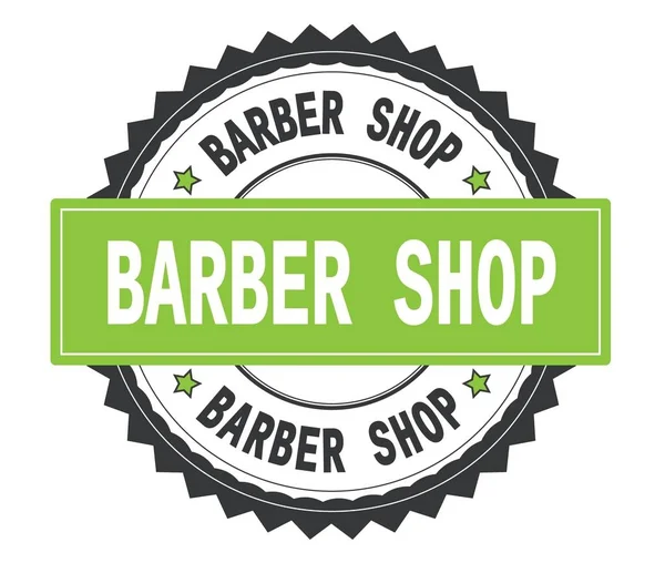Barber Shop tekst op grijs en groen ronde stempel, met zig zag bor — Stockfoto