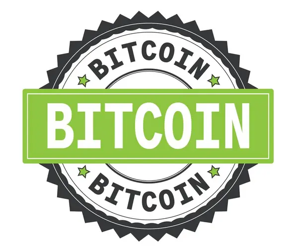Bitcoin tekst na szary i zielony okrągły znaczek, zig zag obramowaniem. — Zdjęcie stockowe