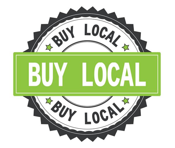 ПОКУПАТЬ ЛОКАЛЬНЫЙ текст на серо-зеленой круглой марке с надписью "Заг борд"
