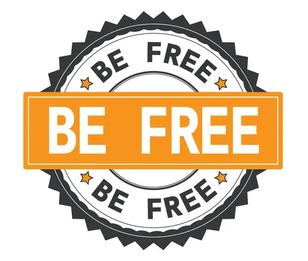 BE FREE text on grey and orange round stamp, with zig zag border — Stock Photo, Image