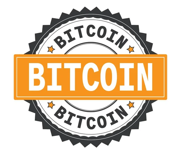 Bitcoin texto en gris y naranja ronda sello, con zig zag borde — Foto de Stock