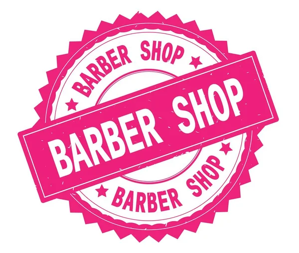Barber Shop różowy tekst okrągły znaczek, zig zag obramowaniem. — Zdjęcie stockowe