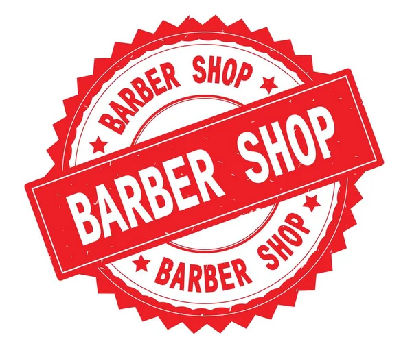 Barber Shop czerwony tekst okrągły znaczek, zig zag obramowaniem. — Zdjęcie stockowe
