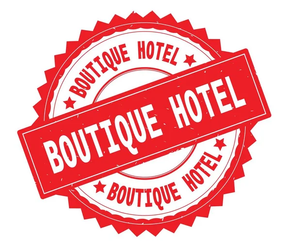 Boutique Hotel czerwony tekst okrągły znaczek, zig zag obramowaniem. — Zdjęcie stockowe