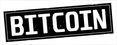 Bitcoin metni, tam siyah dikdörtgen damgası.