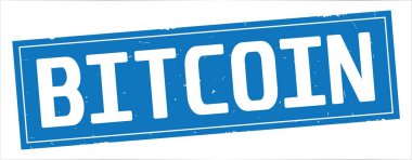 Bitcoin metni, tam mavi dikdörtgen damgası.