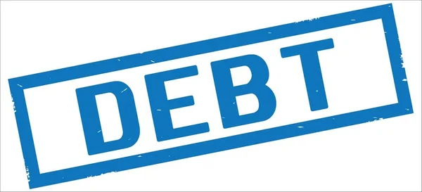 Schuldentext, auf blauem Rechteck-Randstempel. — Stockfoto