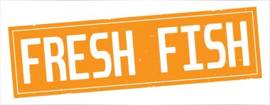 Tam turuncu dikdörtgen damga üzerinde taze balık metin.